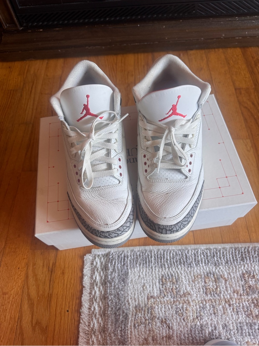 Jordan 3 Men’s White Sneakers with Red Jumpman and Grey Elephant Print